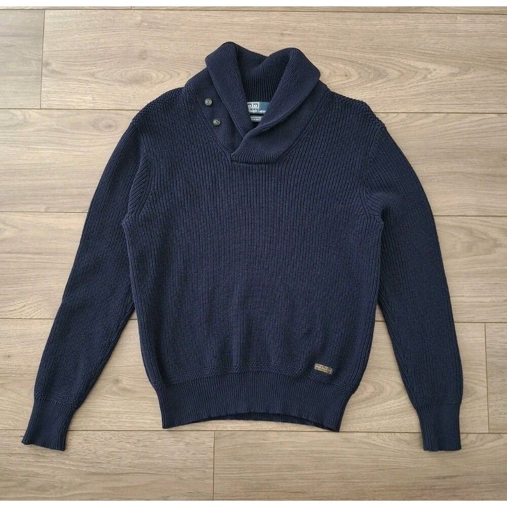 Vintage POLO Ralph Lauren Navy Blue Shawl Collar Sweater Medium Rib Knit Cotton